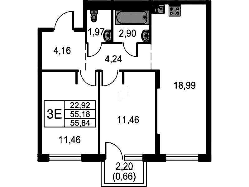 2-комнатная квартира 55.84 м², 6/15 эт., ЖК «Невская Долина»